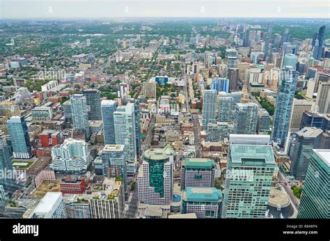 Breathtaking aerial view of Toronto downtown from the high altitude observation floor in CN ...