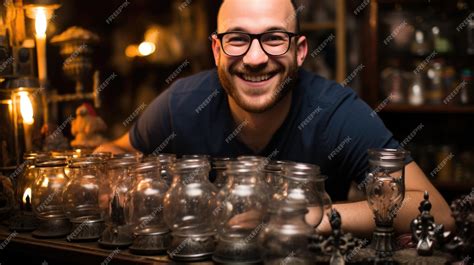 Premium AI Image | A man sitting at a bar with a lot of mason jars ai