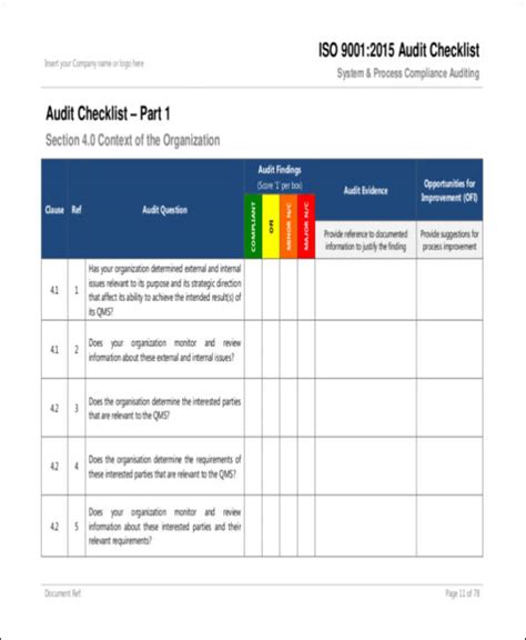 Internal Audit Checklist Template Excel