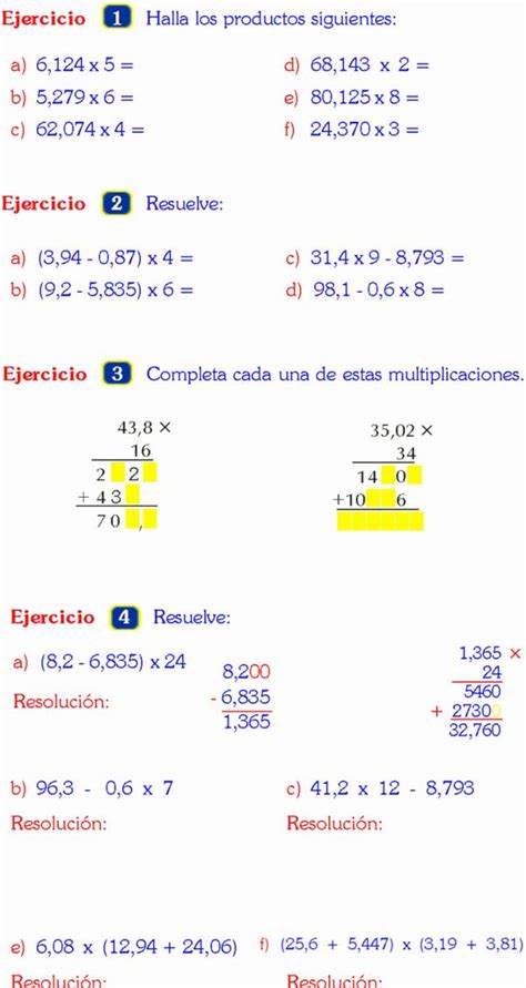 MULTIPLICACIÓN DE NÚMEROS DECIMALES EJERCICIOS RESUELTOS | Numeros ...