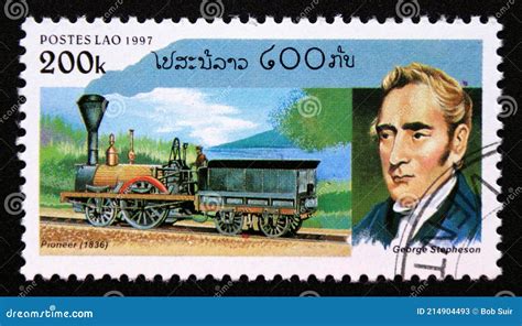 Postage Stamp Laos 1997. George Stephenson, Pioneer Steam Locomotive Editorial Stock Photo ...