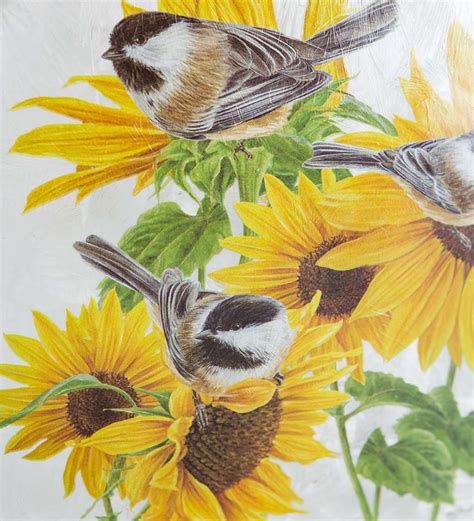 Lighted Sunflowers and Chickadees Frosted Glass Tabletop Art | Wind and Weather
