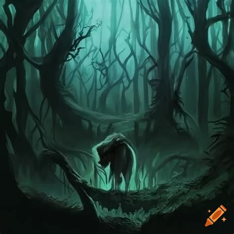 Creepy dark forest with wolves mtg fantasy art on Craiyon