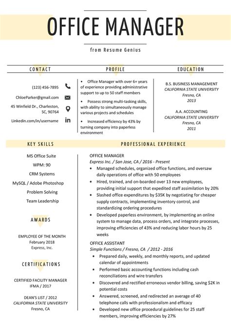 Office Manager Resume Sample & Tips | Resume Genius | Office manager resume, Good resume ...