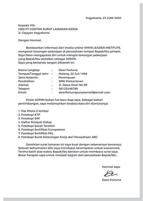 Contoh Surat Lamaran Kerja Dari Leader Institute | LEADER INSTITUTE