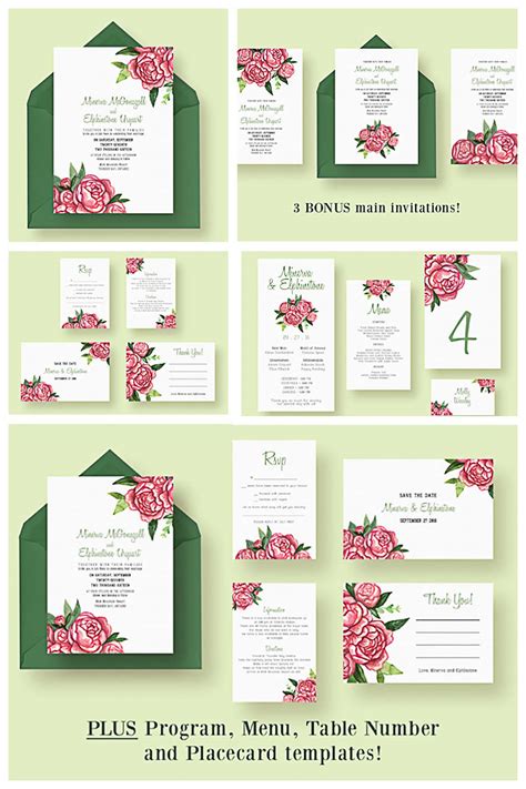 Set of 12 editable watercolor wedding invitations, menu, thank you ...