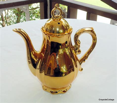 Gold Tea Set Musical Teapot Creamer & Lidded Sugar Bowl, Five (5) Cups and Saucers.Vintage ...