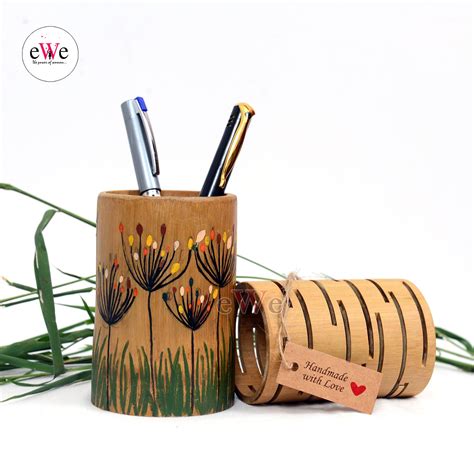 Bamboo Pen Holder With Design Combo Set