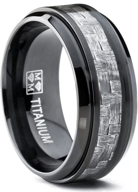 9MM Black Titanium Men's Wedding Band Ring with Wide Gray Carbon Fiber Inlay, Comfort Fit ...