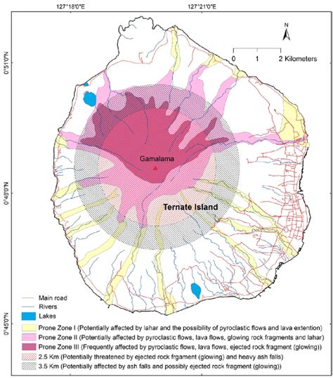 Disaster prone zone map of Gamalama volcano in Ternate Island [12] | Download Scientific Diagram