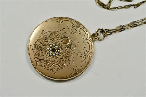 Victorian Large Gold Fill Round Locket with Amethyst and Seed Pearls from graciousgems on Ruby Lane