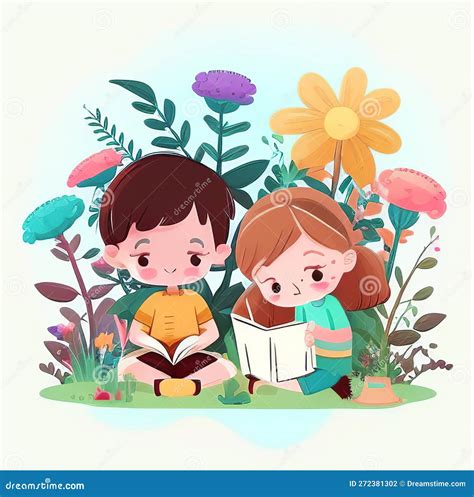 Ilustración De Dibujos Animados De Niños Leyendo Un Libro Stock de ...