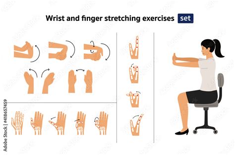 wrist and finger stretching exercises set, woman sit on chair doing ...