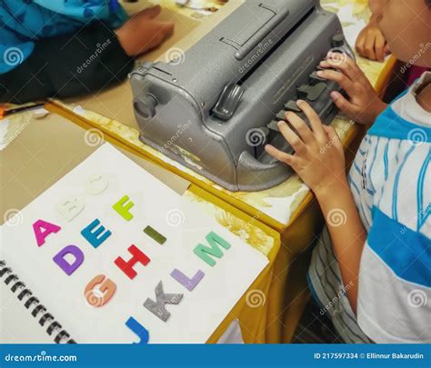 Learning To Use the Braille Typewriter. Stock Photo - Image of handle ...