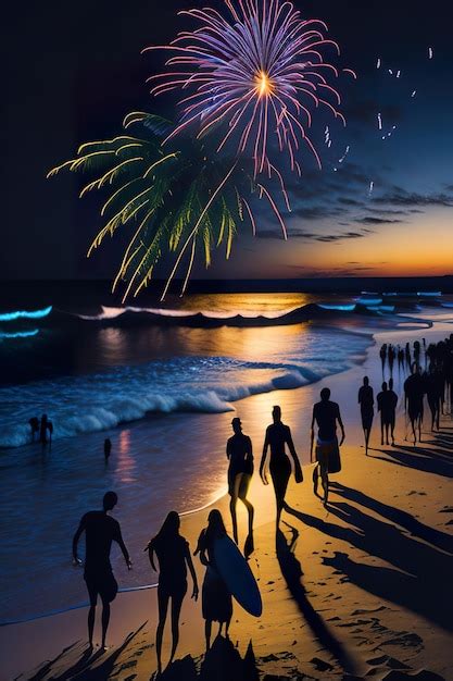 Premium AI Image | Fireworks at night on the beach with people Generative AI