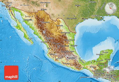 Physical Map of Mexico, satellite outside, shaded relief sea