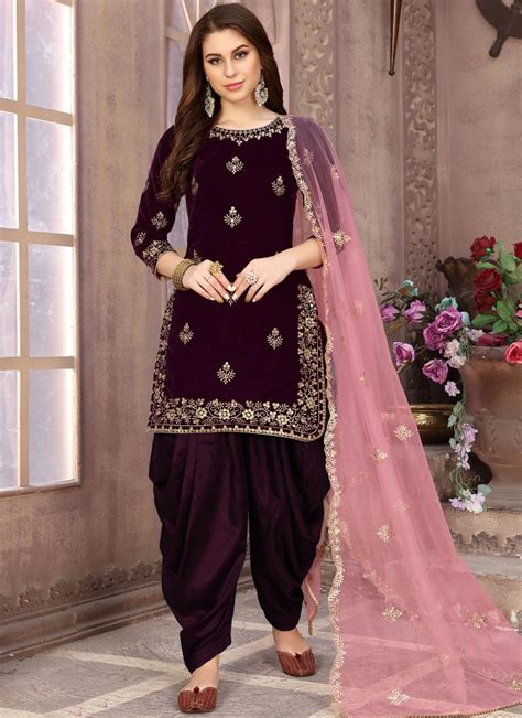 Buy Velvet Patiala Salwar Suit in Wine : 140573