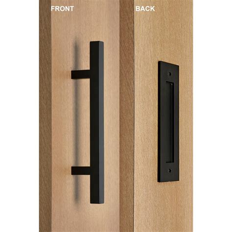 STRONGAR Contemporary 12 in. Black Powdered Square Pull and Flush Sliding Barn Door Handle-SH ...