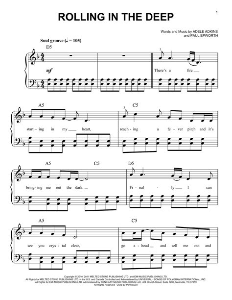 Rolling In The Deep by Adele Sheet Music for Easy Piano at Sheet Music ...