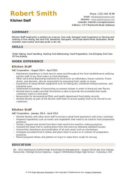 Kitchen Staff Resume Samples | QwikResume