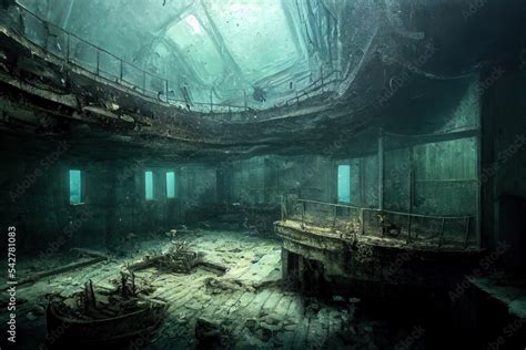 Remains of sunken ship wreck at the bottom of the ocean. Interior of a decaying wreckage at the ...