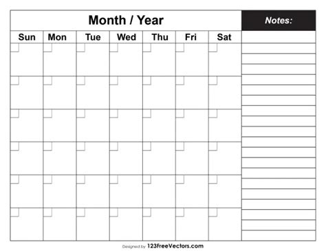 Printable Blank Monthly Calendar with Notes | Blank monthly calendar ...