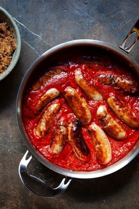 Lamb Sausages in Tomato Sauce with Bacon Sauerkraut Recipe - Great British Chefs