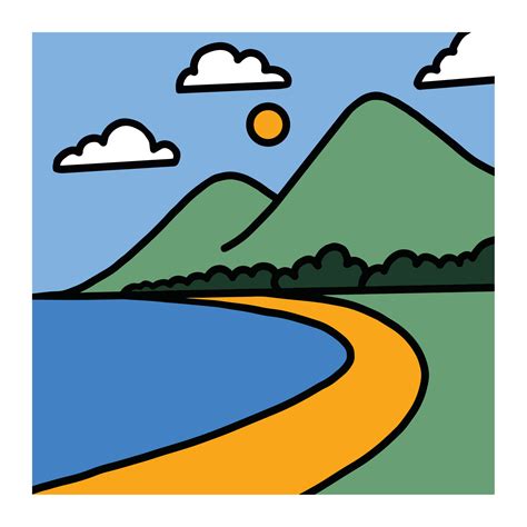 a landscape illustration in a square. simple cartoon drawing in vector graphics. colored ...