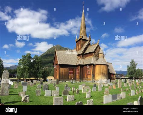 Lom, Norway: July 7, 2018: Lomskyrkja – the church in Lom - is one of ...