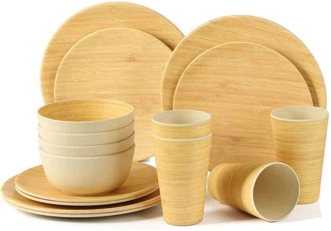 16-Piece Biodegradable & Eco Friendly Bamboo Dinnerware Set of 4 | Vanlife Eats