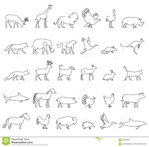 One line animals set, logos. vector stock illustration. Turkey and cow, pig and eagle, giraffe ...
