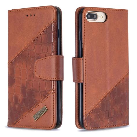 iPhone 8 Plus Crocodile Leather Wallet Case Brown