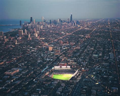 Wrigley Field & Chicago Skyline Cubs At Night | Chicago Cubs Framed Print