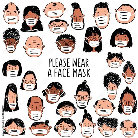 please wear a face mask. Illustration with peoples in face masks. Sketch. Line art. Cartoon ...