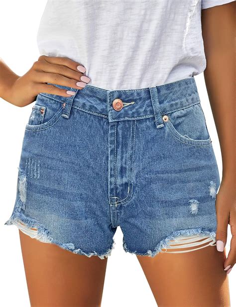 Buy Uqnaivs Women's Casual Mid Rise Denim Hot Short Distressed Stretchy Jean Shorts Light Blue ...