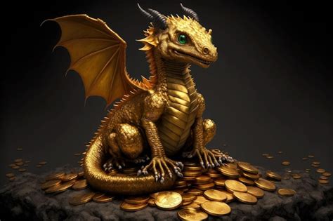 Premium Photo | Sharpeyed little cute dragon sitting on pile of gold coins generative ai