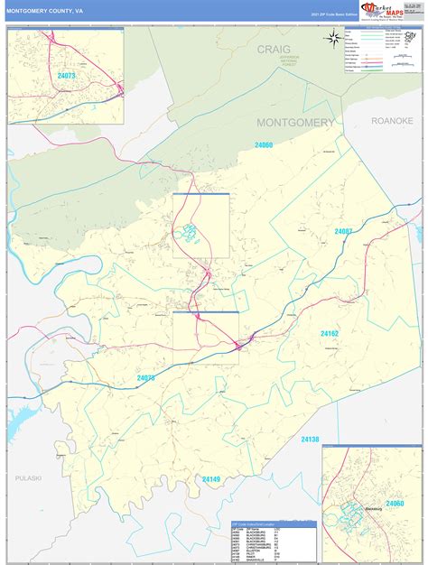 Montgomery County, VA Zip Code Wall Map Basic Style by MarketMAPS