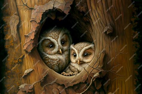 Premium Photo | A painting of two owls in a tree