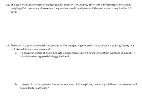 Solved 26. The usual maintenance dose of clonazepam for | Chegg.com