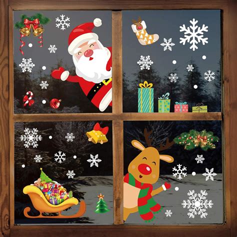 YILEEY Christmas Window Stickers, 160 Pieces Snowflake Santa and Rudolph 2020 Xmas Decorations ...