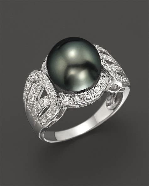 Cultured Tahitian Black Pearl and Diamond Ring in 14K White Gold Fine Jewelry - Bloomingdale's ...