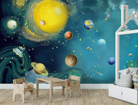 Blue Space Wallpaper Kids Bedroom Wall Mural Peel and Stick | Etsy