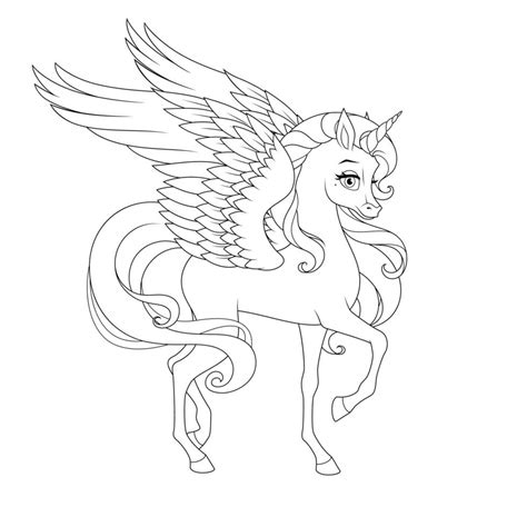 Beautiful unicorn with wings vector black and white illustration for ...