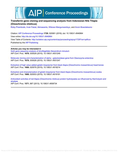 (PDF) Transferrin gene cloning and sequencing analysis from Indonesian Nile Tilapia (Oreochromis ...