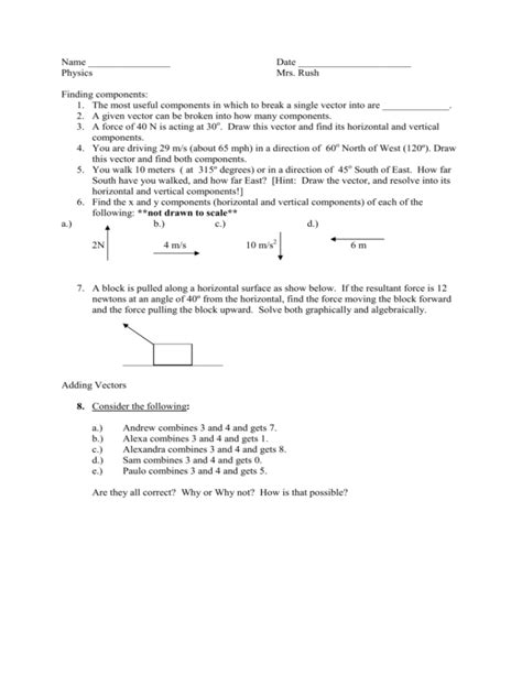 Vector Component Worksheet Set 1