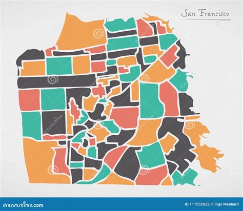 San Francisco Map with Neighborhoods and Modern Round Shapes Stock ...