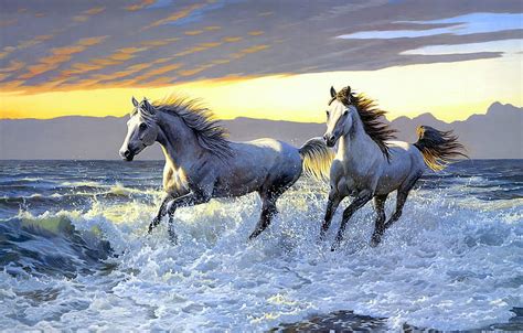 Horses, art, cal, water, vara, painting, summer, horse, pictura, HD ...