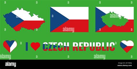 Set of vector illustrations with Czech Republic flag, country outline map and heart. Travel ...