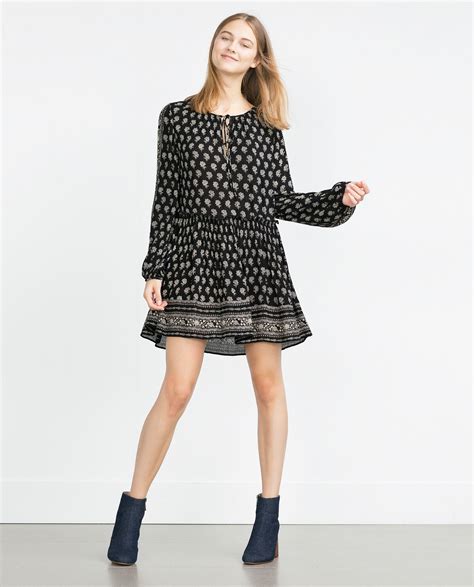 Zara Printed Dress in Black | Lyst