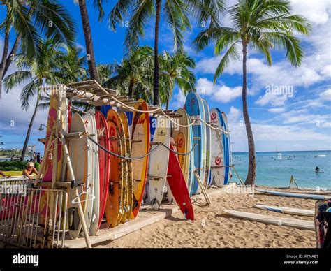 Surf rental shop on Waikiki beach on August 2, 2016 in Honolulu, Usa ...